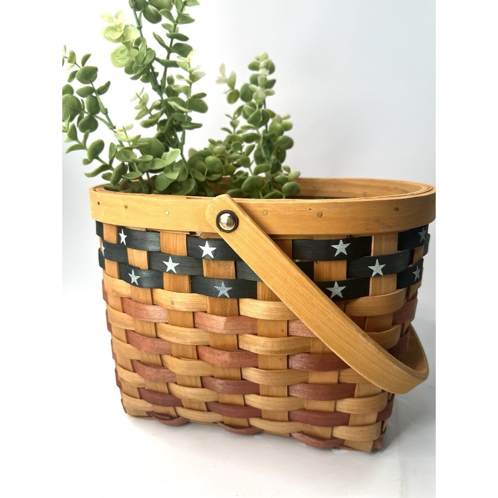 Patriotic American Flag Basket Woven Handle Oval red white stars Americana USA